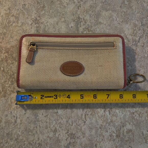 Fossil Zip Burlap Leather Wallet Polka Dot - Picture 12 of 13